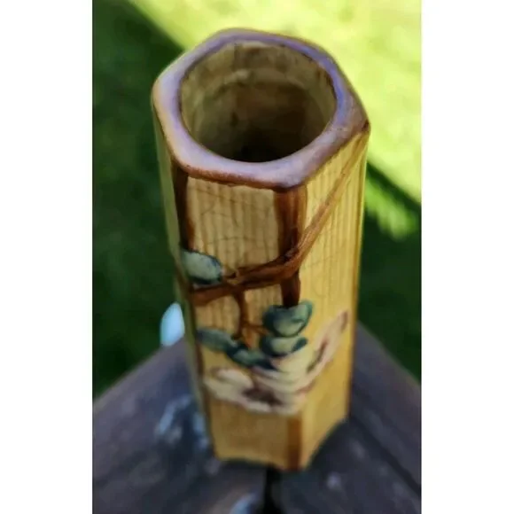 Antique Weller Pottery Klyro Hexagon Bud Vase Blue Grapes Pink Red Flowers 7.5" - Picture 5 of 7